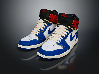 Stylish High Top White Blue Sneakers With Red Black Accents And White Laces Design 3d model
