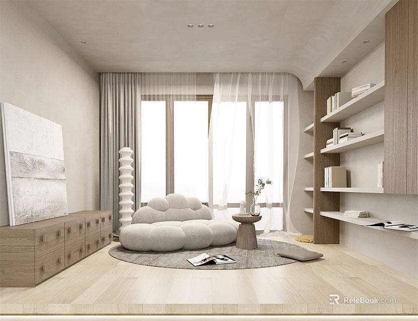 Cozy Modern Leisure Area With Cloud Sofa Round Rug Wooden Shelves And Large Windows 3d model 
