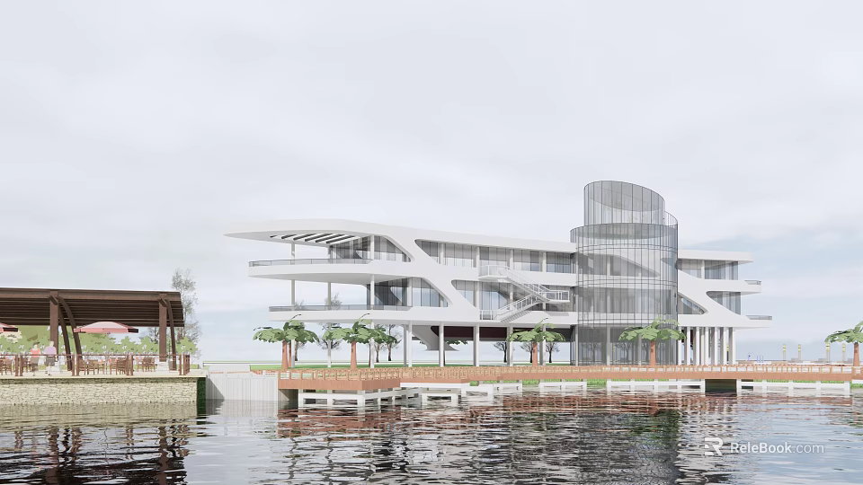 Modern Waterfront Hotel Building Featuring Glass Curtain Walls Palm Trees And Waterfront Platform 3d model 
