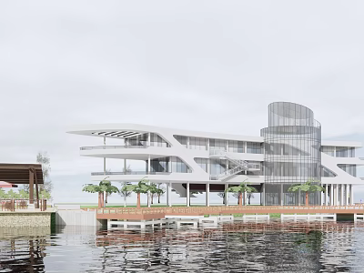 Modern Waterfront Hotel Building Featuring Glass Curtain Walls Palm Trees And Waterfront Platform 3d model
