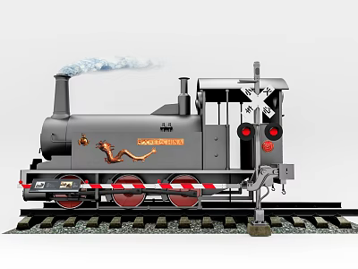 Steam Train On Railway Track With Level Crossing Barrier 3d model