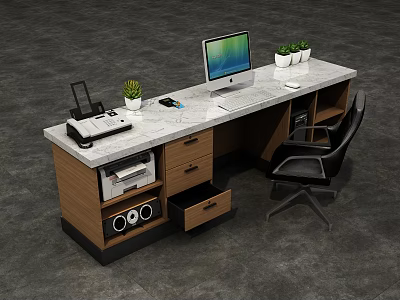 Modern Reception Desk Design With Computer Monitor Printer Small Plants Drawers And Chair 3d model
