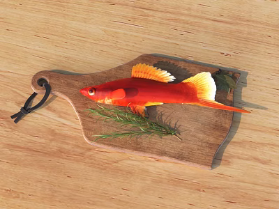 Red Aquatic Fish on Wooden Cutting Board with Fresh Rosemary 3d model
