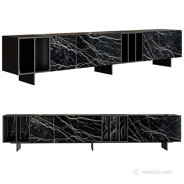 Modern TV Stand With Black Frame Marble Pattern Drawers And Storage Compartments 3d model 