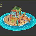 Tropical Beach Landscape With Wooden Dock Palm Trees Red Canopy Hut Blue Waters And Surfboards