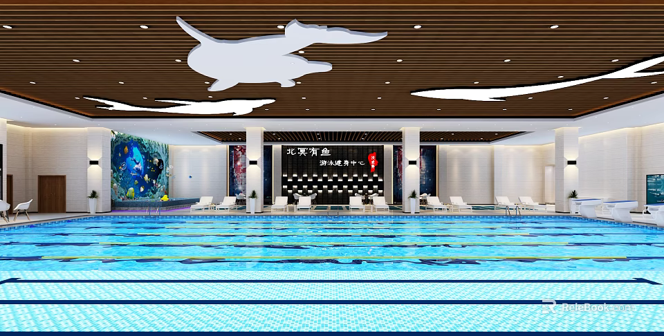 Indoor Swimming Pool With Blue Water Ocean Theme Ceiling Dolphin Shapes And Loungers 3d model 