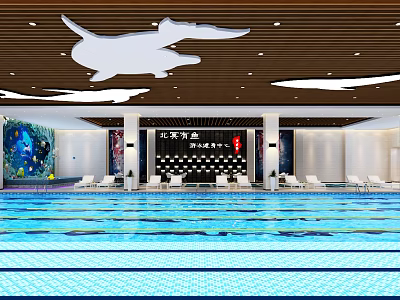 Indoor Swimming Pool With Blue Water Ocean Theme Ceiling Dolphin Shapes And Loungers 3d model