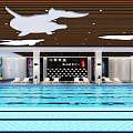 Indoor Swimming Pool With Blue Water Ocean Theme Ceiling Dolphin Shapes And Loungers