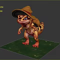 Animated Lizard Game Character With Orange Hat Blue Eyes And Spotted Skin On Green Grass
