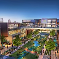 Aerial View of Commercial Street With Green Rooftops Night Lighting and Pedestrian Areas