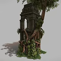 Ancient Stone Brick Tower Architecture With Arched Window Surrounded by Vines and Trees 3d model
