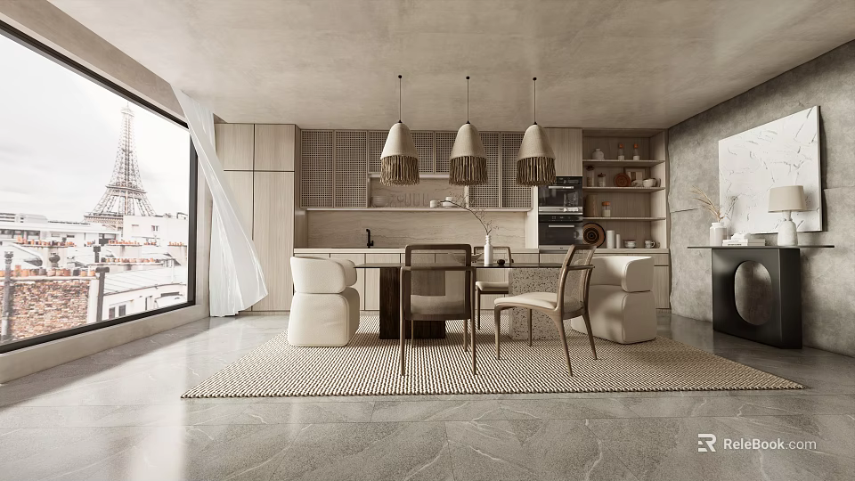 Modern Open Concept Living Dining Area With Pendant Lights And City View 3d model 