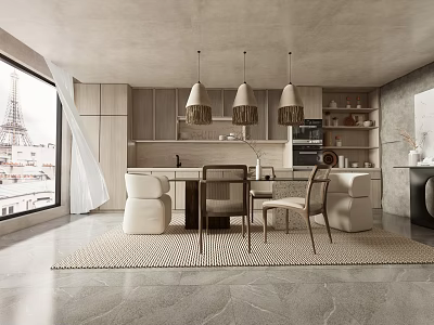 Modern Open Concept Living Dining Area With Pendant Lights And City View 3d model