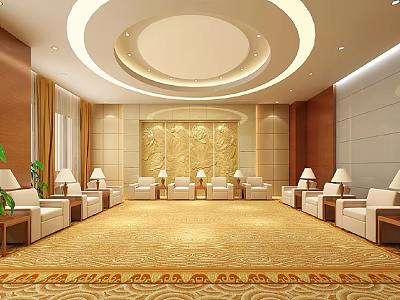 Elegant Hotel Public Lounge With White Sofas Table Lamps Patterned Carpet And Decorative Wall Panel 3d model