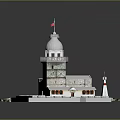 Lighthouse Building With White Dome Tower Structure And Stone Paved Platform With Arranged Chairs 3d model