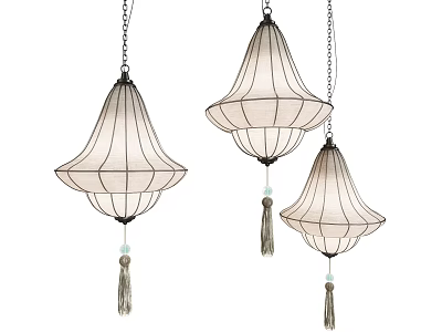 Elegant Light Colored Chandeliers With Structured Shades And Hanging Tassels 3d model