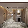 Hotel Corridor Interior Design With Wooden Walls Patterned Carpet Ceiling Lighting And Decorative Painting