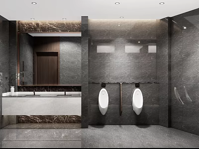 Modern Public Restroom Interior Design With Gray Tiles Urinals And Marble Washbasin 3d model