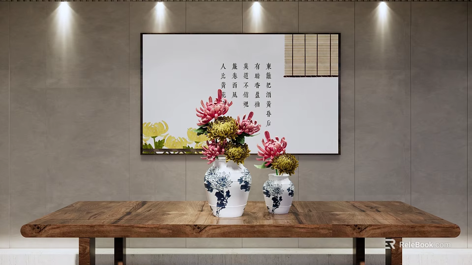 Blue and white porcelain vases with red yellow flowers on wooden table and calligraphy painting 3d model 