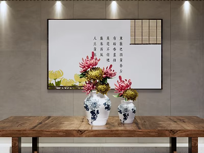 Blue and white porcelain vases with red yellow flowers on wooden table and calligraphy painting 3d model