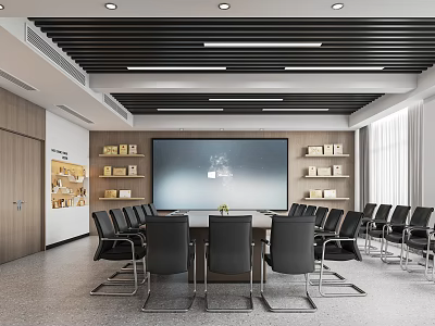 Modern Conference Room Interior Design With Large Conference Table Black Chairs And Wooden Walls 3d model