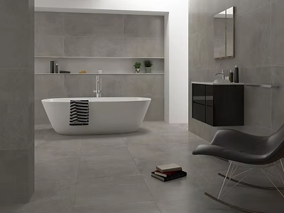 Modern Minimalist Bathroom With White Freestanding Bathtub Gray Tiled Walls Black Vanity And Rocking Chair 3d model