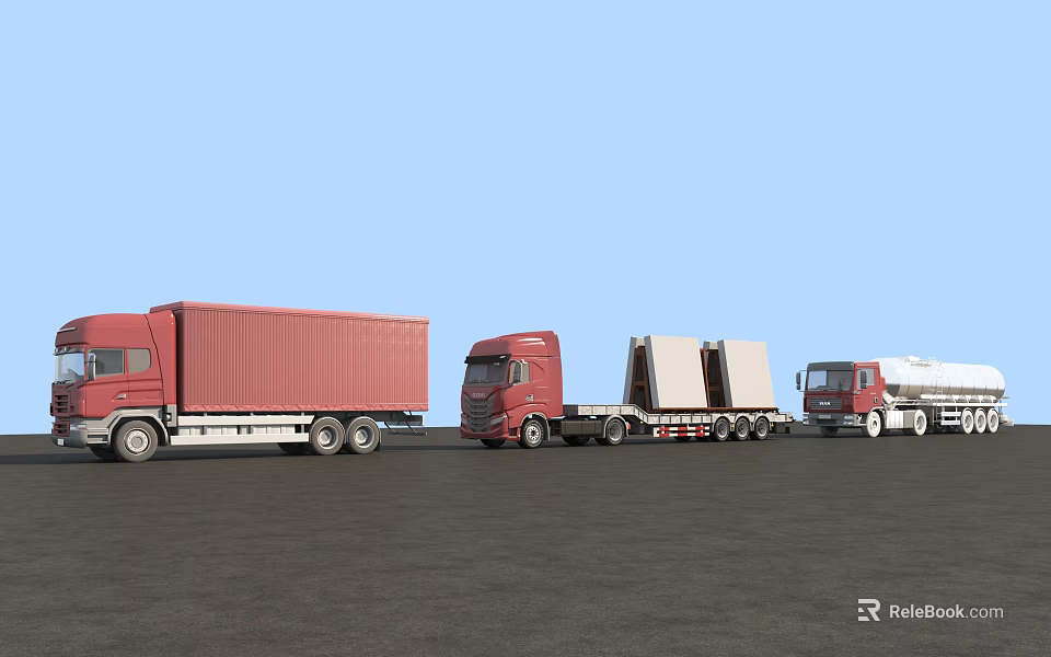 Red Container Truck Flatbed Trailer And Tanker Truck On Black Ground With Blue Sky 3d model 
