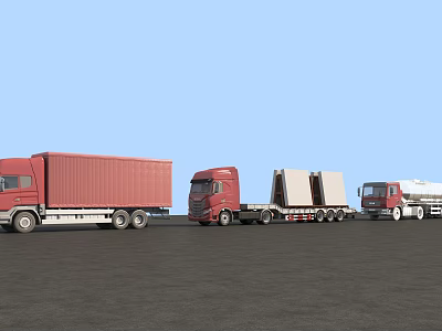 Red Container Truck Flatbed Trailer And Tanker Truck On Black Ground With Blue Sky 3d model