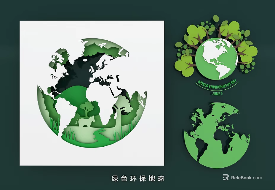Green Earth Eco Friendly Wall Decor With Leafy Design And Globe Elements 3d model 
