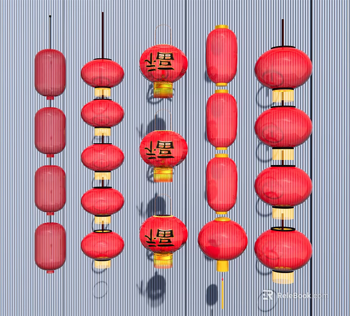 Traditional Red Chinese Lanterns Hanging As Decorative Ornaments In Various Styles 3d model 
