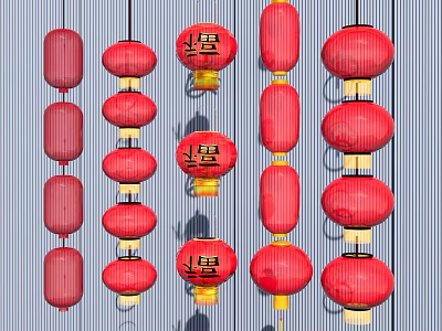 Traditional Red Chinese Lanterns Hanging As Decorative Ornaments In Various Styles 3d model