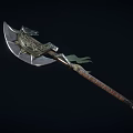 Ornate Battle Axe with Wolf Head Carved Metal Blade Leather Wrapped Handle Green Ribbon