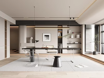 Modern Study Room Interior With Wooden Desk Chairs Bookshelves And Pendant Lights 3d model