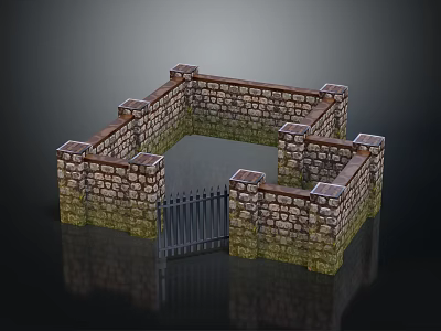 Medieval Stone Wall Enclosure With Iron Gate And Brick Structure Details 3d model