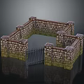 Medieval Stone Wall Enclosure With Iron Gate And Brick Structure Details 3d model