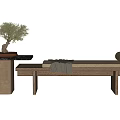 Wooden Bench Stool With Beige Cushion Side Table And Potted Plant Decor