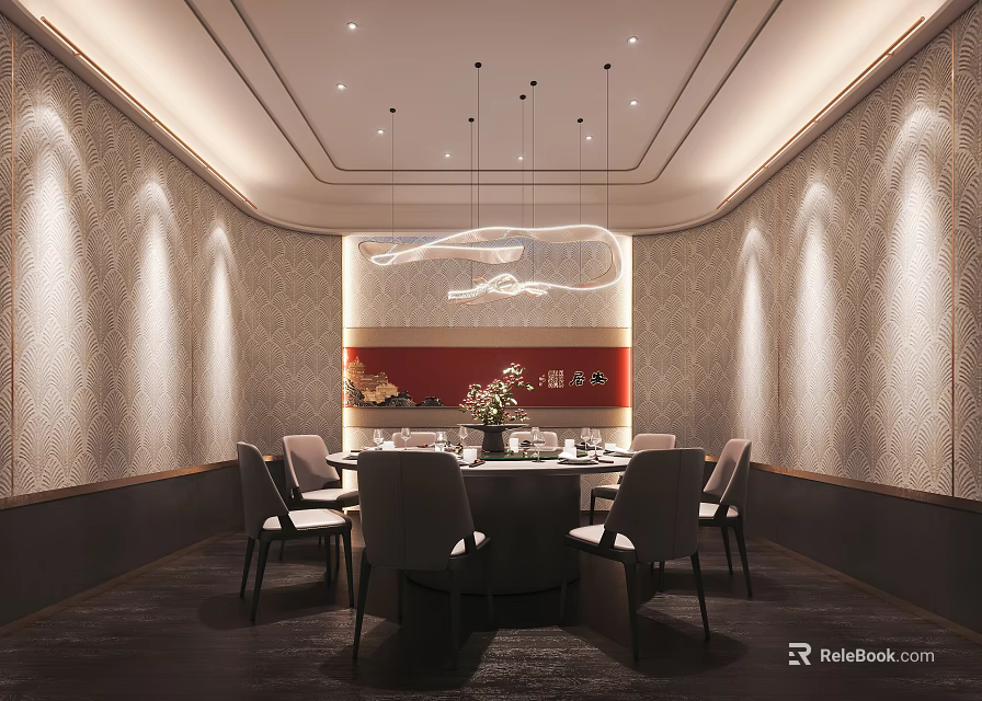 Elegant Private Dining Room With Round Table Chairs And Pendant Lights 3d model 