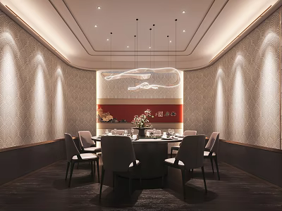 Elegant Private Dining Room With Round Table Chairs And Pendant Lights 3d model