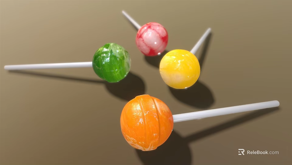 Colorful Lollipops With Green Pink Yellow Orange Flavors On White Sticks Brown Background 3d model 