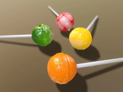 Colorful Lollipops With Green Pink Yellow Orange Flavors On White Sticks Brown Background 3d model