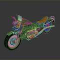 Green Motorcycle With Orange Seat Transparent Windshield Golden Exhaust And Unique Design