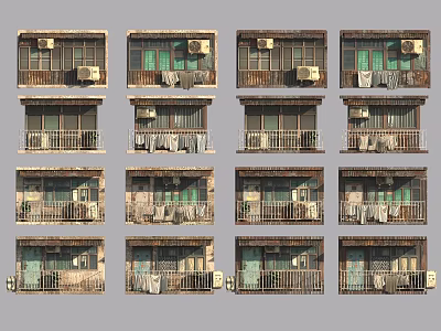 Old Building Exterior Architectural Components Featuring Balconies Windows Air Conditioners And Laundry 3d model