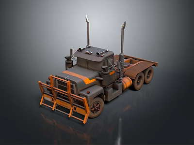 Detailed Brown And Orange 3D Industrial Truck Model With Orange Guard Rails And Exhaust Pipes 3d model