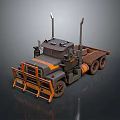Detailed Brown And Orange 3D Industrial Truck Model With Orange Guard Rails And Exhaust Pipes