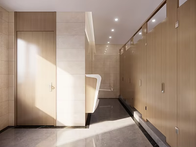 Modern Public Restroom Interior With Wooden Stall Doors And Clean Washbasin Design 3d model