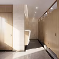 Modern Public Restroom Interior With Wooden Stall Doors And Clean Washbasin Design