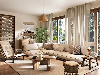 Modern Living Room Interior With Comfortable Sofa Wooden Coffee Table And Woven Pendant Light 3d model