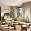 Modern Living Room Interior With Comfortable Sofa Wooden Coffee Table And Woven Pendant Light