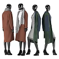 Model Showcasing Long Brown Wool Coat And Green Patchwork Winter Outerwear 3d model