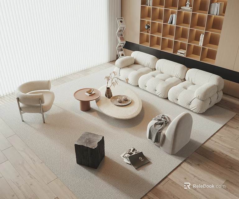 Modern White Fabric Sofa And Coffee Table Set With Armchair Area Rug And Decorative Vase 3d model 